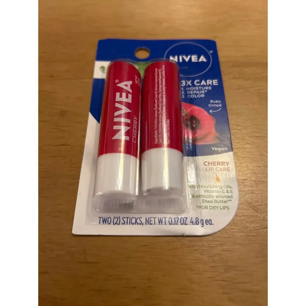 New 2pk Nivea Cherry Lip Care Tinted Lip Balm Ruby Tinted 98% Natural Ingredient